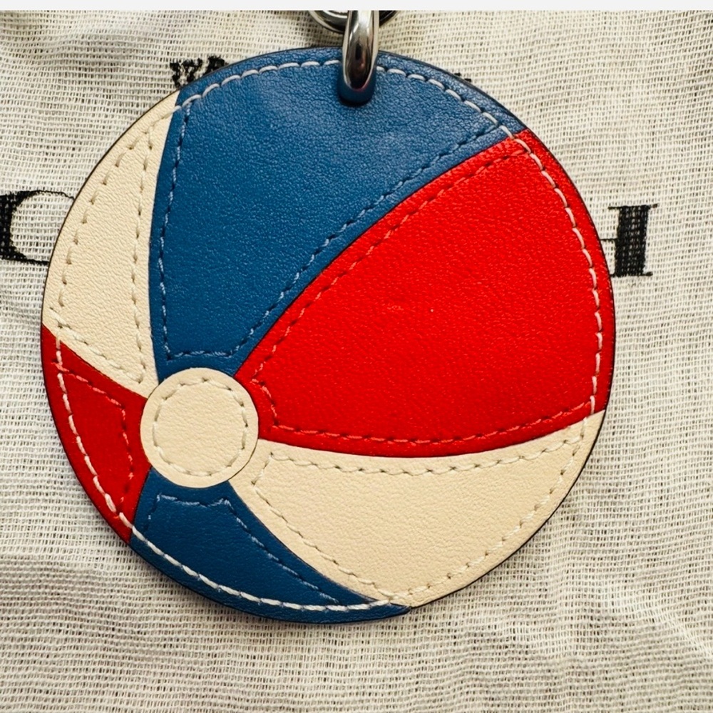 Coach Leather Beach Ball bag charm keychain silver red blue white & dusty - NWT - Picture 5 of 10